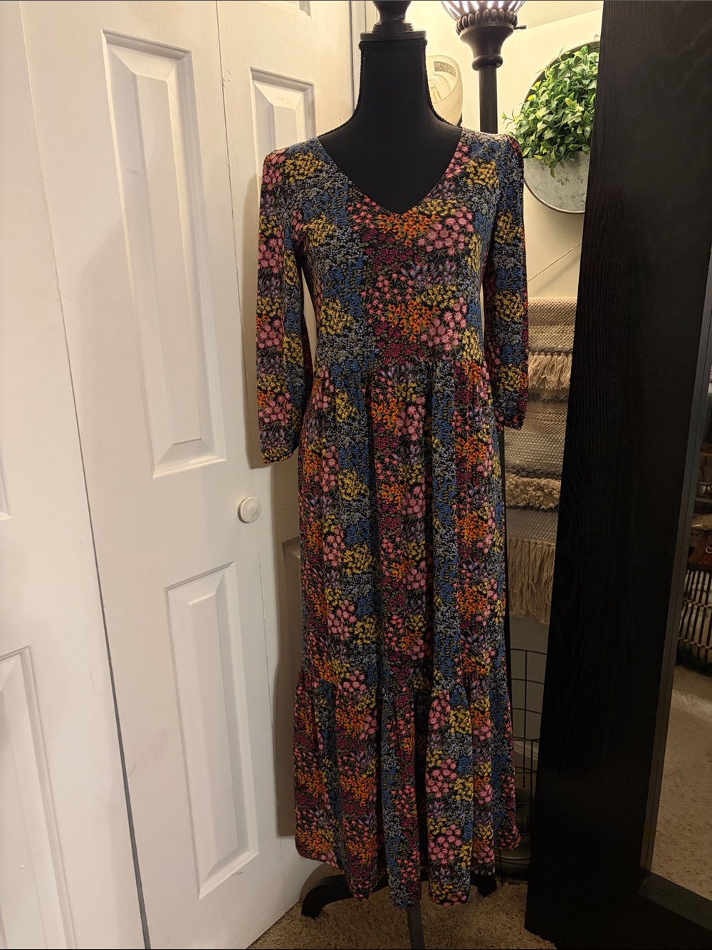 Jane and Delancey Floral Midi Dress in Black with Pink, Blue & Yellow